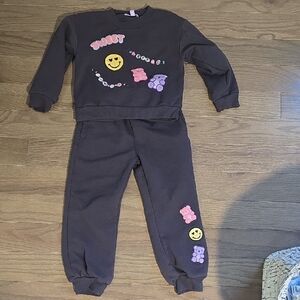 Black Two-Piece Sweatshirt & Jogger Set with Smiley and Gummy Bear Appliqués
